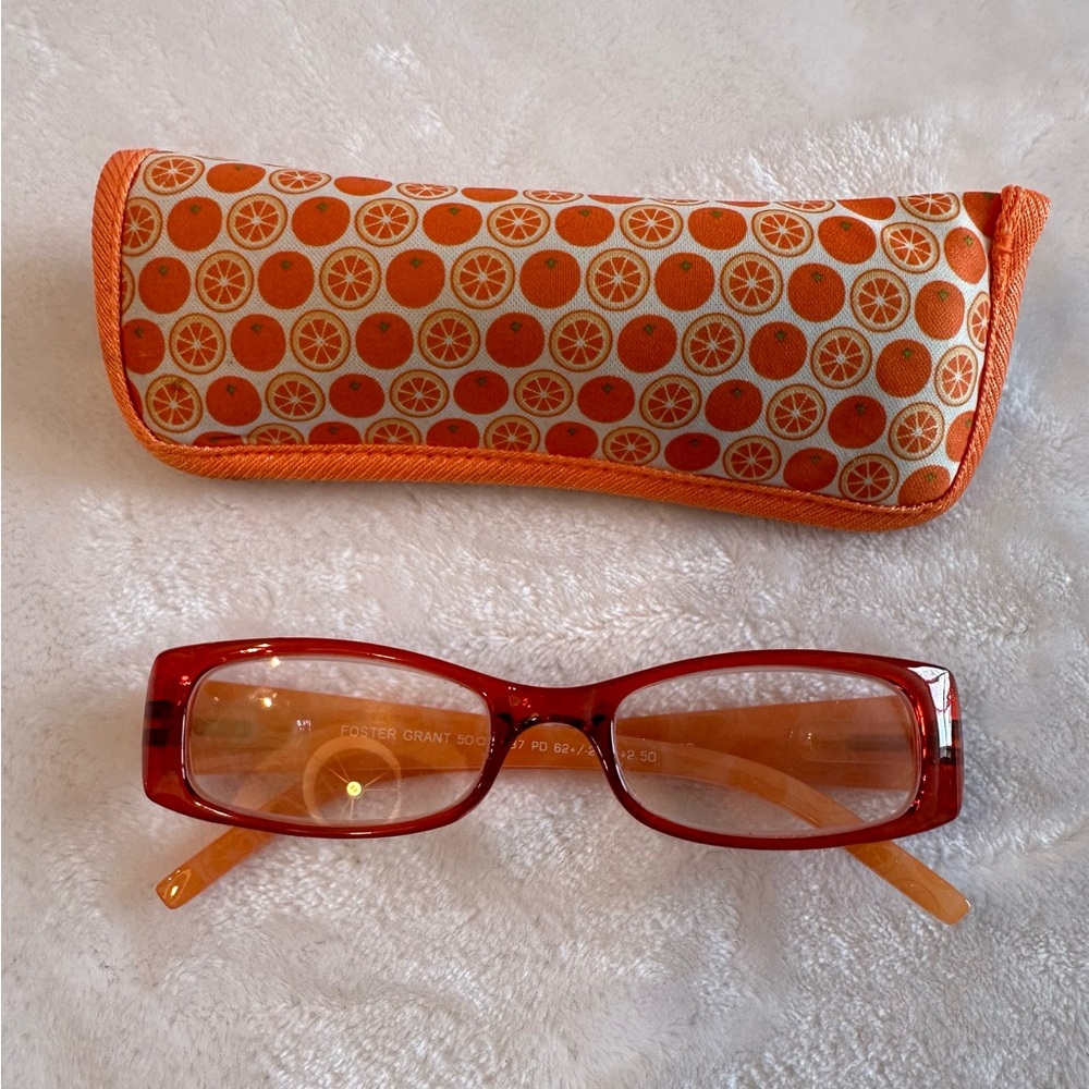 Foster Grant Red Glasses with Orange Case. +2.50